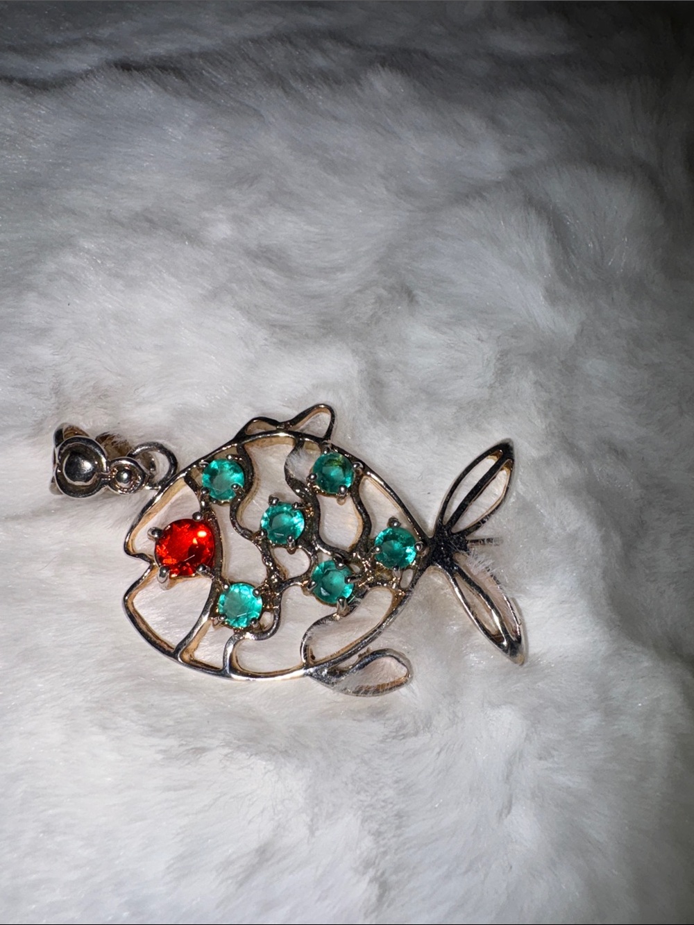 Fish-Shaped Pendant with Green Tourmaline and Red Orange Topaz. 925 silver